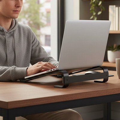 Support PC portable sur bureau homme freelance à domicile