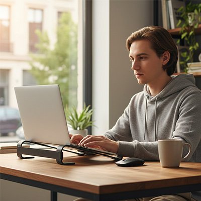 Support PC portable sur bureau homme freelance à domicile avec tasse de café