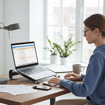 Support PC portable sur bureau homme télétravail 