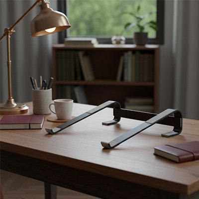 Support PC portable sur bureau rangé marron design