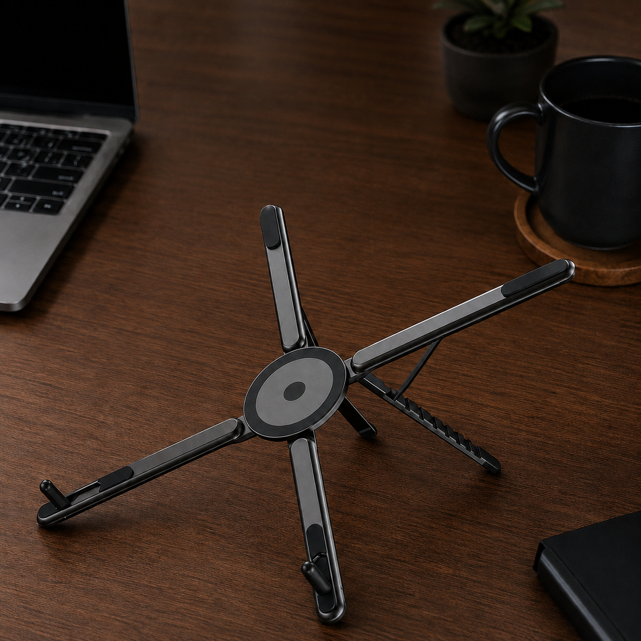 Support pliable magnétique pour téléphone sur bureau en bois, avec ordinateur portable, tasse noire et plante.