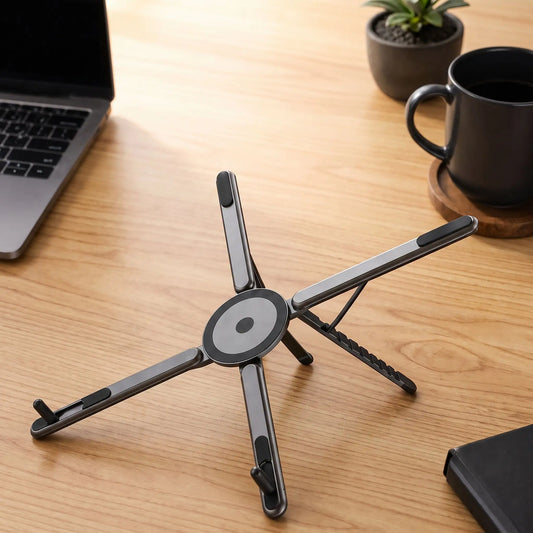 Support pliable magnétique pour téléphone sur bureau en bois, avec ordinateur portable, tasse noire et plante.
