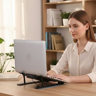 Support pour ordinateur portable ajustable hauteur noir ergonomique ventilateur intégré