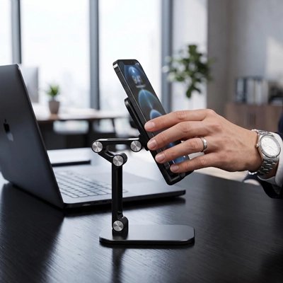 Support pour tablette Main ajustant un smartphone sur un support de bureau noir réglable et articulé, à côté d’un ordinateur portable