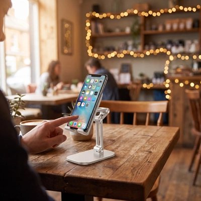 Support pour tablette Main utilisant un smartphone posé sur un support réglable blanc, sur une table en bois dans un café
