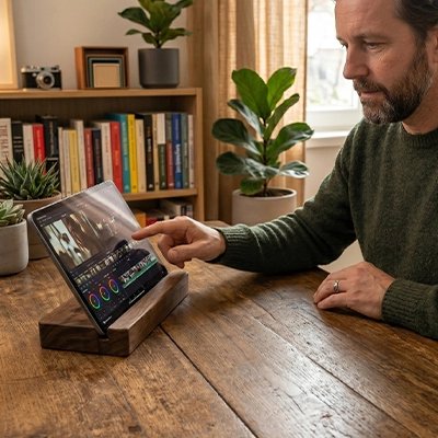 Support tablette étude sur tablette homme lecture  sur bureau