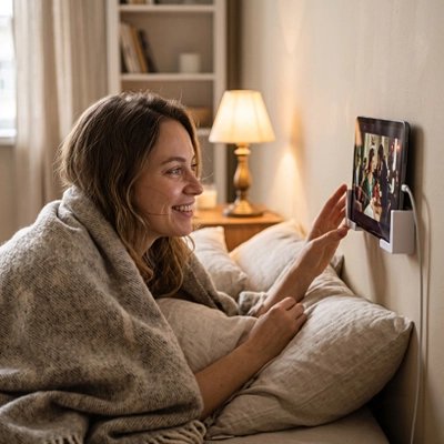 Support tablette Femme regardant une tablette fixée sur un support mural depuis son lit, dans une chambre chaleureuse et lumineuse