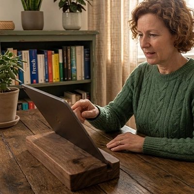 Support tablette femme travaillant à domicile