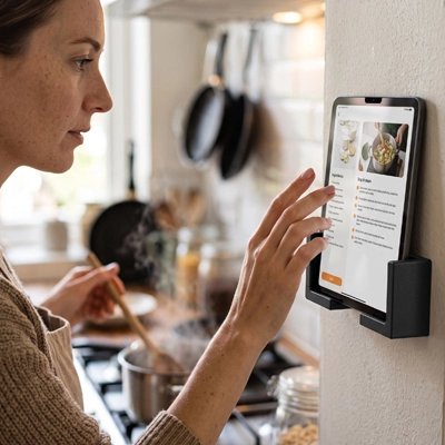 Support tablette Femme utilisant un smartphone fixé sur un support mural dans une cuisine pour consulter une recette pendant la préparation du repas