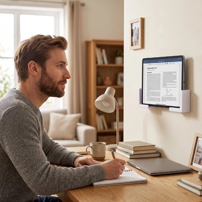 Support tablette Homme prenant des notes à un bureau avec une tablette fixée sur un support mural, près de livres, d’une lampe et d’un ordinateur