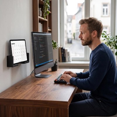 Support tablette Homme travaillant sur ordinateur avec une tablette fixée sur un support mural affichant un calendrier à côté de l’écran