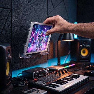 Support tablette Main posant une tablette sur un support mural transparent dans un studio de musique avec clavier, enceintes et matériel audio