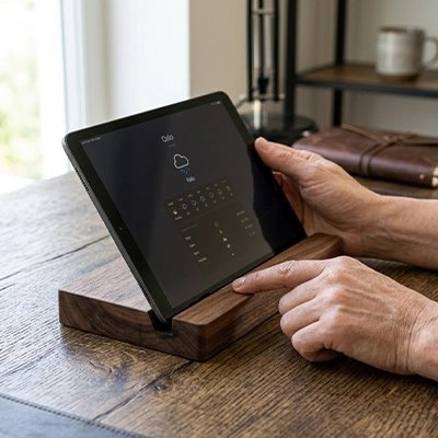 Support tablette marron sur bureau marron main d'homme télétravail