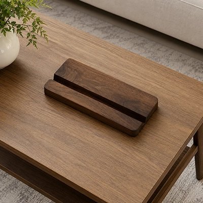 Support tablette marron sur bureau rangé marron