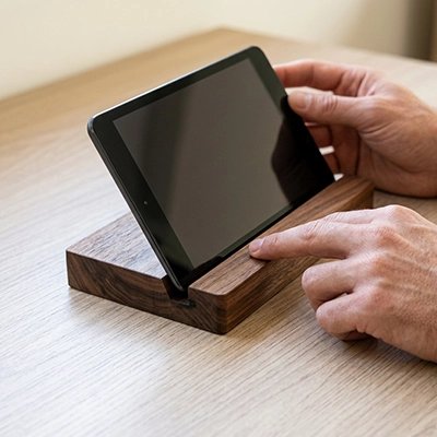 Support tablette mini marron sur bureau marron main d'homme télétravail