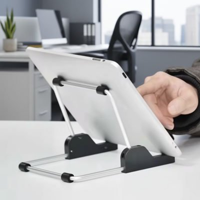 Support tablette pliable noir sur bureau blanc
