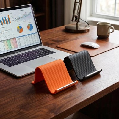 Support telephone 2 couleurs noir et orange sur bureau marron