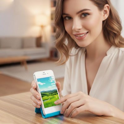 Support telephone bleu pratique simple vertical