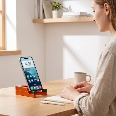 Support telephone femme travail bureau tasse café