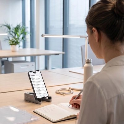 Support telephone femme travail cahier crayon sur bureau rangé