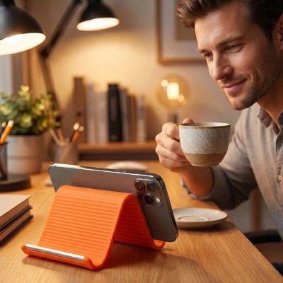 Support telephone homme pose café avec visioconférence  bureau marron