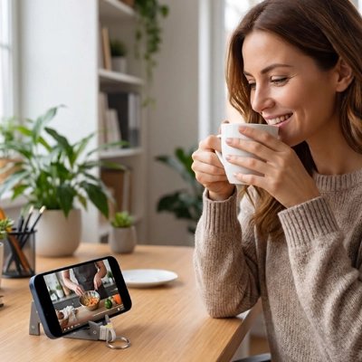 Support telephone visio conférence femme travail avec tasse à café